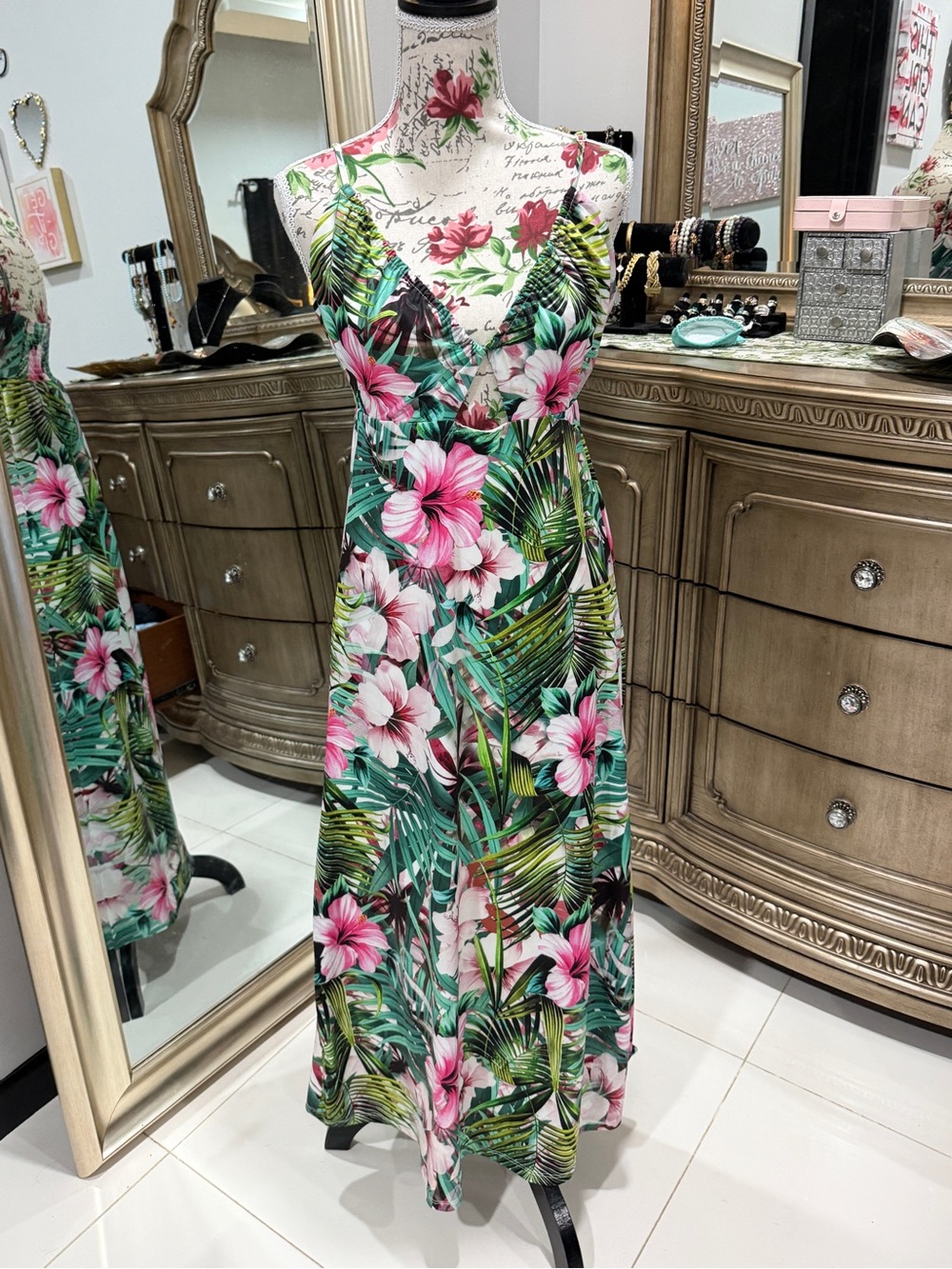 NSR Tropical Floral Maxi Dress - Pink & Green